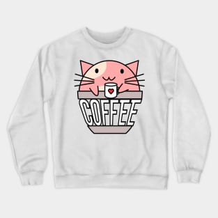 Cat in coffee cup with warped text holding coffee cup with heart pink and white Crewneck Sweatshirt